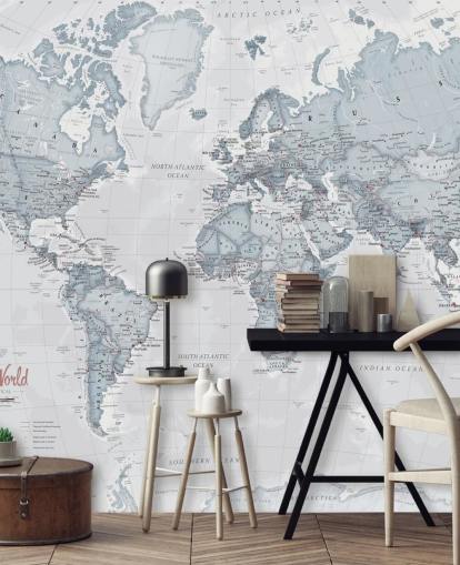 papier peint mural de carte du monde personnalisable teal appelé World Political Teal pour les chambres, les salons et les bureaux à domicile