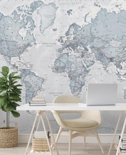 blauwgroen aanpasbare wereldkaart behangmuurschildering genaamd World Political Teal voor slaapkamers, woonkamers en thuiskantoren