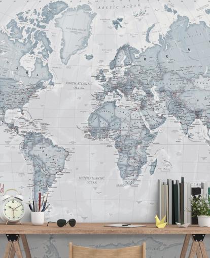 blauwgroen aanpasbare wereldkaart behangmuurschildering genaamd World Political Teal voor slaapkamers, woonkamers en thuiskantoren