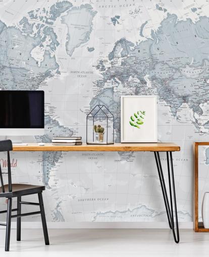 mural de papel pintado de mapa mundial personalizable de color verde azulado llamado World Political Teal para dormitorios, salas de estar y oficinas en casa