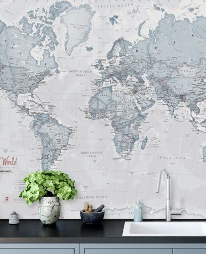 teal customisable world map wallpaper mural called World Political Teal for bedrooms, living rooms and home offices