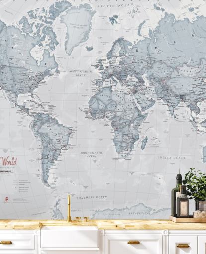Carta da parati murale personalizzabile con mappa del mondo chiamata World Political Teal per camere da letto, salotti e uffici domestici