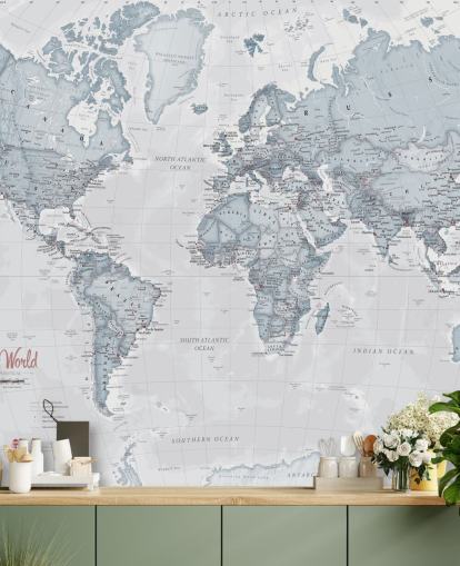 Carta da parati murale personalizzabile con mappa del mondo chiamata World Political Teal per camere da letto, salotti e uffici domestici