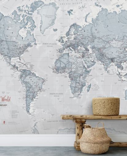 Carta da parati murale personalizzabile con mappa del mondo chiamata World Political Teal per camere da letto, salotti e uffici domestici