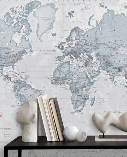 papier peint mural de carte du monde personnalisable teal appelé World Political Teal pour les chambres, les salons et les bureaux à domicile