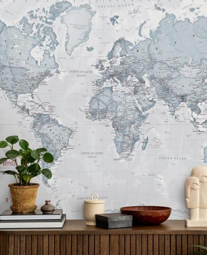 Carta da parati murale personalizzabile con mappa del mondo chiamata World Political Teal per camere da letto, salotti e uffici domestici