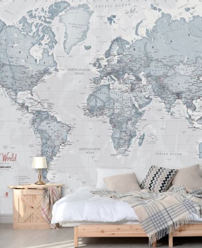 mural de papel pintado de mapa mundial personalizable de color verde azulado llamado World Political Teal para dormitorios, salas de estar y oficinas en casa