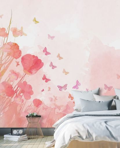Roze aquarel vlinders muurschildering