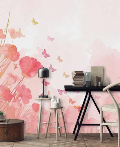 Mural de borboletas aquarela rosa