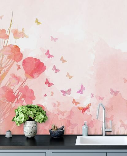 Mural de borboletas aquarela rosa