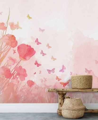 Pink Akvarel Sommerfugle Mural