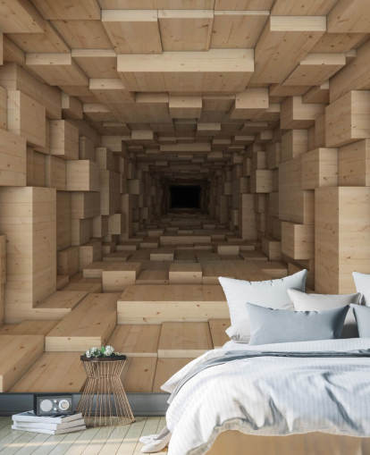 bruine 3D-behangmuurschildering genaamd Inside Jenga voor slaapkamers, gangen en meer