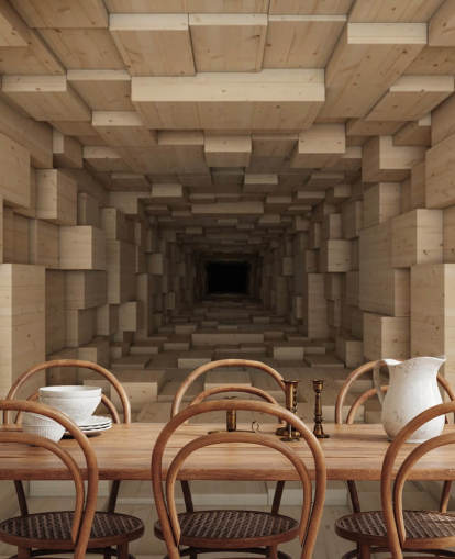 papier peint mural 3D marron appelé Inside Jenga pour les chambres, les couloirs et plus encore