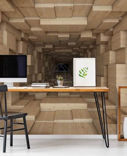 carta da parati murale 3D marrone chiamata Inside Jenga per camere da letto, corridoi e altro