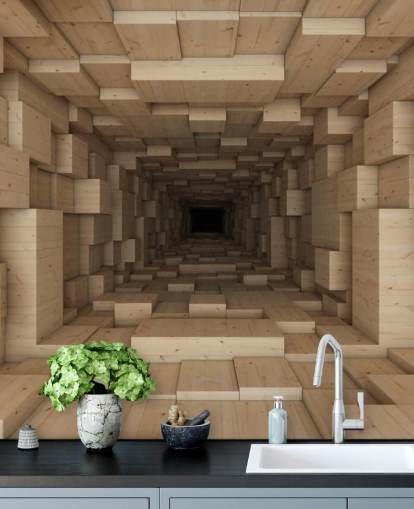 bruine 3D-behangmuurschildering genaamd Inside Jenga voor slaapkamers, gangen en meer