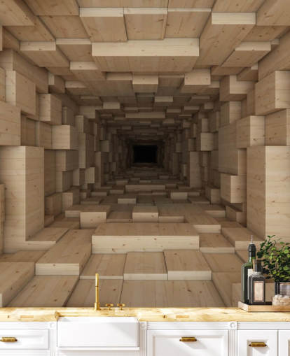 mural marrón de papel pintado 3D llamado Inside Jenga para dormitorios, pasillos y más