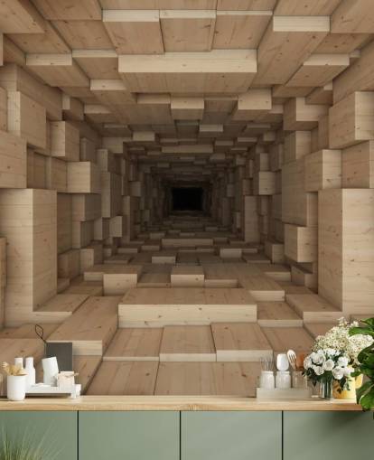 mural marrón de papel pintado 3D llamado Inside Jenga para dormitorios, pasillos y más