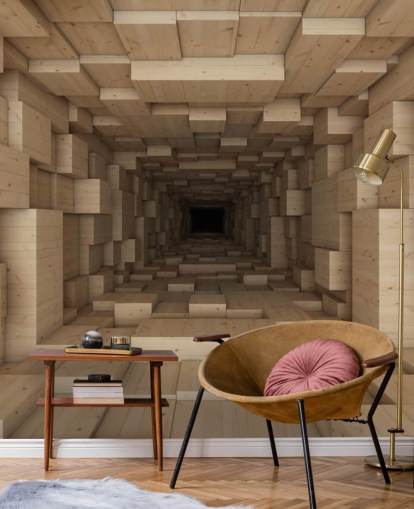 carta da parati murale 3D marrone chiamata Inside Jenga per camere da letto, corridoi e altro