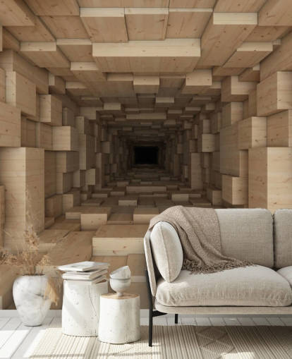 mural marrón de papel pintado 3D llamado Inside Jenga para dormitorios, pasillos y más