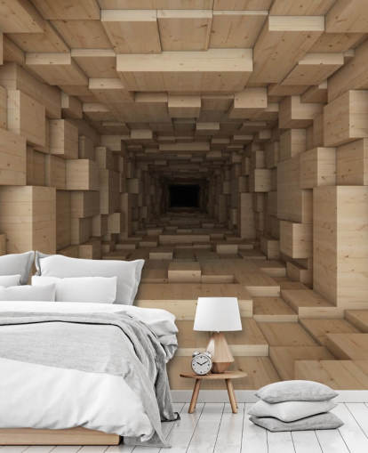 brun 3d tapetväggmålning kallad Inside Jenga för sovrum, korridorer och mer