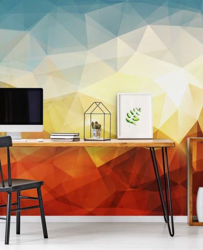 papel pintado de forma abstracta naranja, amarillo y azul