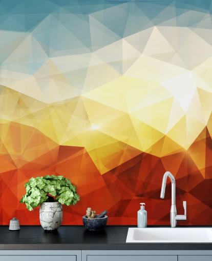 papel pintado de forma abstracta naranja, amarillo y azul