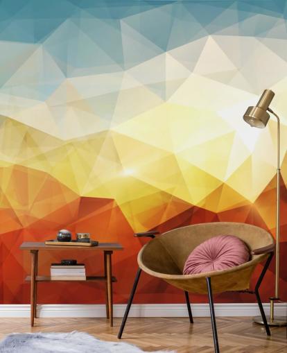 papel pintado de forma abstracta naranja, amarillo y azul