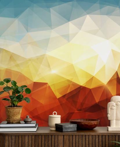 papel pintado de forma abstracta naranja, amarillo y azul