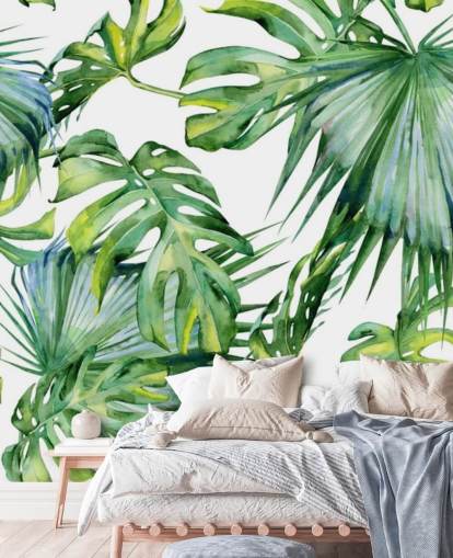 papel de parede tropical branco e verde