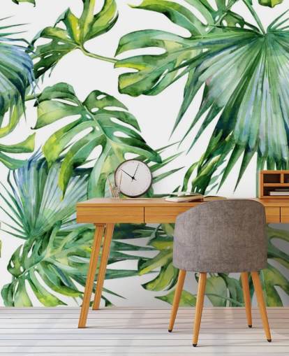 papel de parede tropical branco e verde