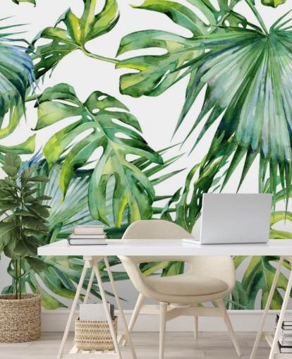papel pintado tropical blanco y verde