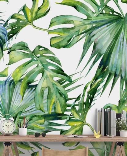 papel pintado tropical blanco y verde