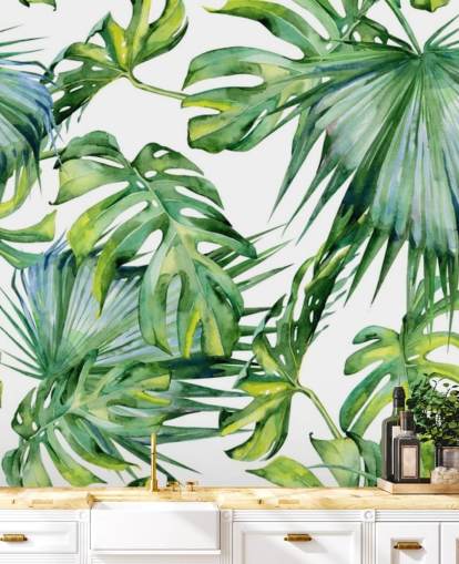 papier peint tropical blanc et vert