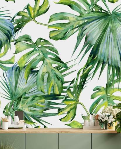 papier peint tropical blanc et vert