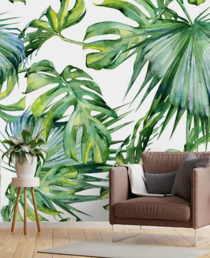 papel de parede tropical branco e verde