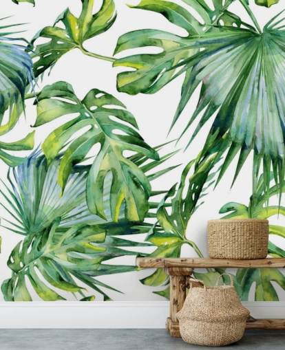 papel pintado tropical blanco y verde