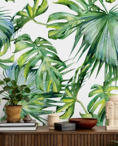 papel de parede tropical branco e verde