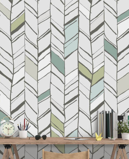 anpassningsbar fiskbensmönstrad tapetväggmålning kallad Hand Drawn Herringbone för vardagsrum, hemmakontor och hallar