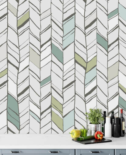 papier peint mural à motif à chevrons personnalisable appelé Hand Drawn Herringbone pour les salons, les bureaux à domicile et les couloirs
