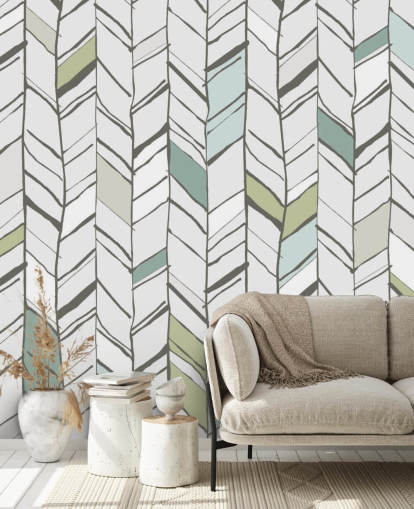 personalisierbares Tapeten-Wandbild mit Fischgrätenmuster namens Hand Drawn Herringbone für Wohnzimmer, Heimbüros und Flure