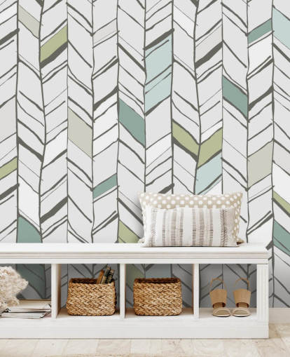 aanpasbare behangmuurschildering met visgraatpatroon genaamd Hand Drawn Herringbone voor woonkamers, thuiskantoren en gangen