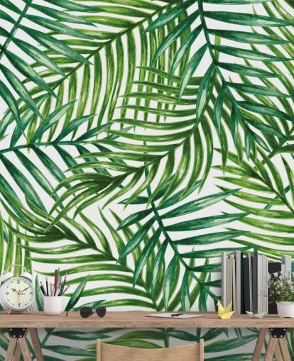 Carta da parati murale con foglie tropicali acquerello