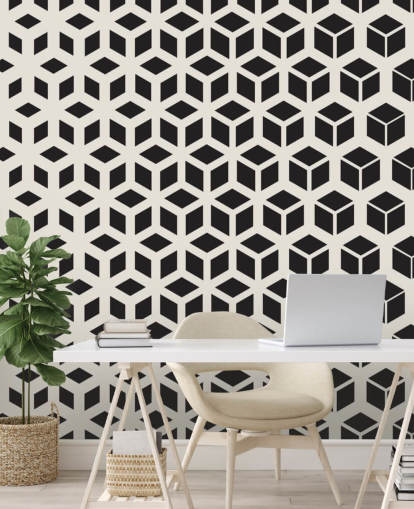Mural de parede geométrica em cubo preto e branco