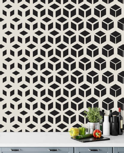 Mural de parede geométrica em cubo preto e branco