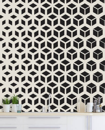 Decorazione murale geometrica in bianco e nero a cubetti