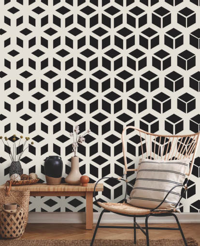 Zwarte en witte geometrische muurschildering in blokjes