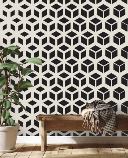 Cubed svart og hvitt geometrisk veggmaleri Cubed svart og hvitt geometrisk veggmaleri