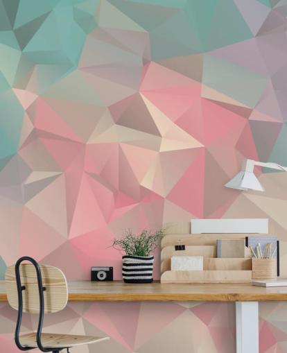 Pastelblauwe en roze behangmuurschildering