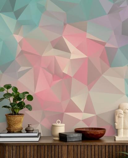 Pastelblauwe en roze behangmuurschildering