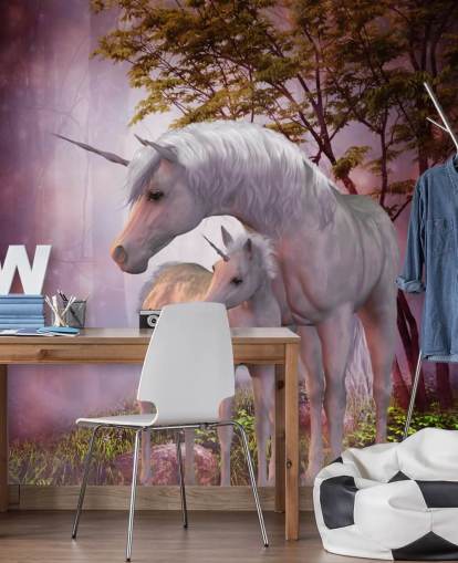Unicorn and its Foal in Pink Forest Wall Mural Unicorn and its Foal in Pink Forest Wall Mural